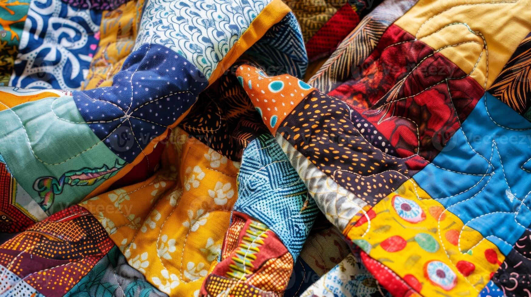 A patchwork quilt featuring fabrics from different cultural backgrounds celebrating diverse memories and experiences photo