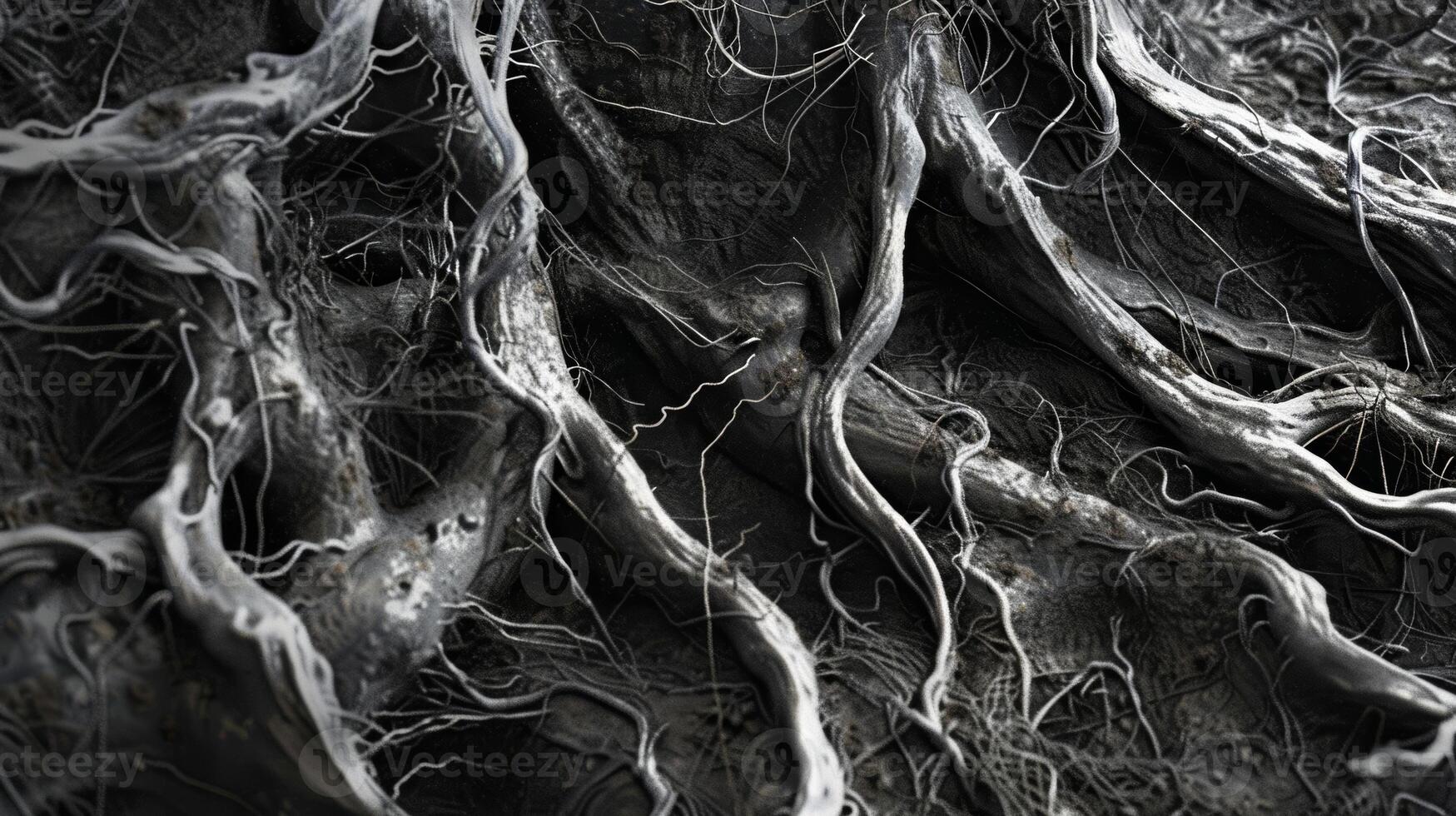 Delicate wispy strands of root hairs peeking out from the gnarled tangle providing a subtle touch of softness amidst the rugged terrain photo