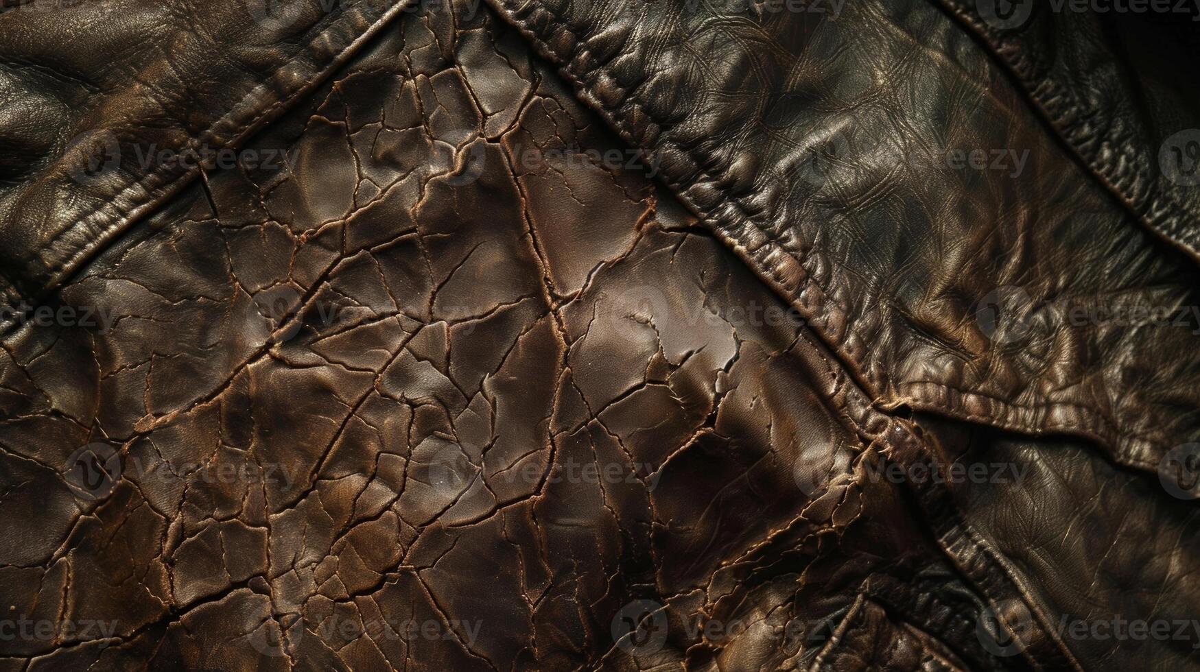 A zoomedin view of a brokenin leather jacket displaying its rough and uneven texture with tered cracks and creases photo