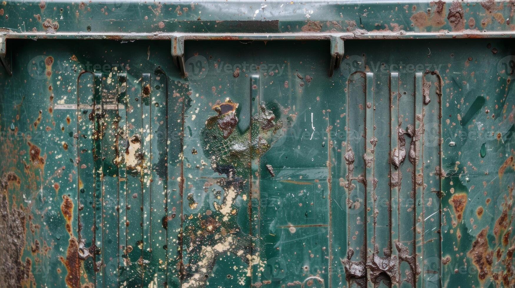 The once shiny and smooth plastic surface is now marred by deep grooves and stains adding to the overall grime of the bin photo