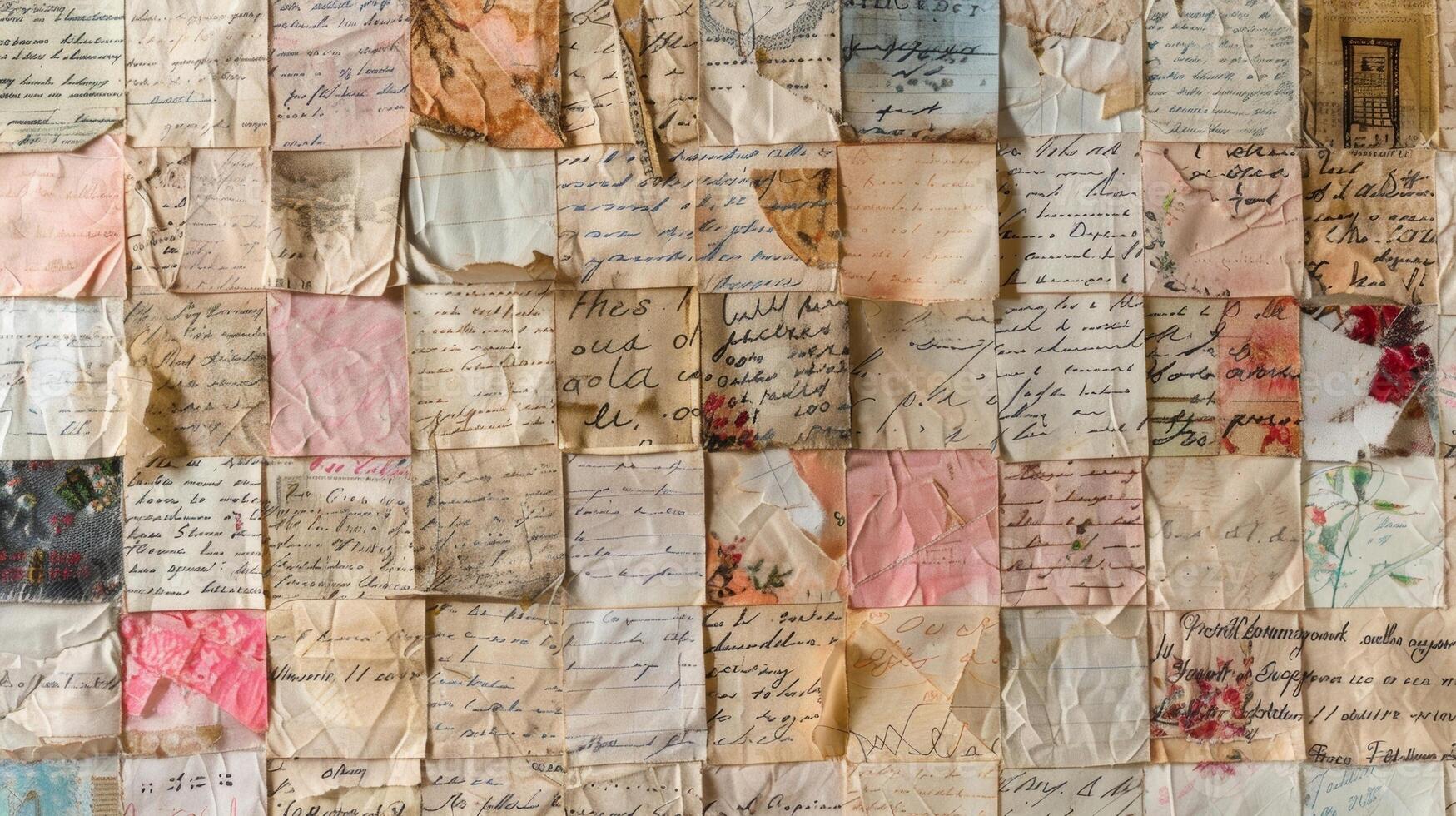 A quilt made from pieces of old love letters or notes symbolizing cherished memories of relationships and love photo