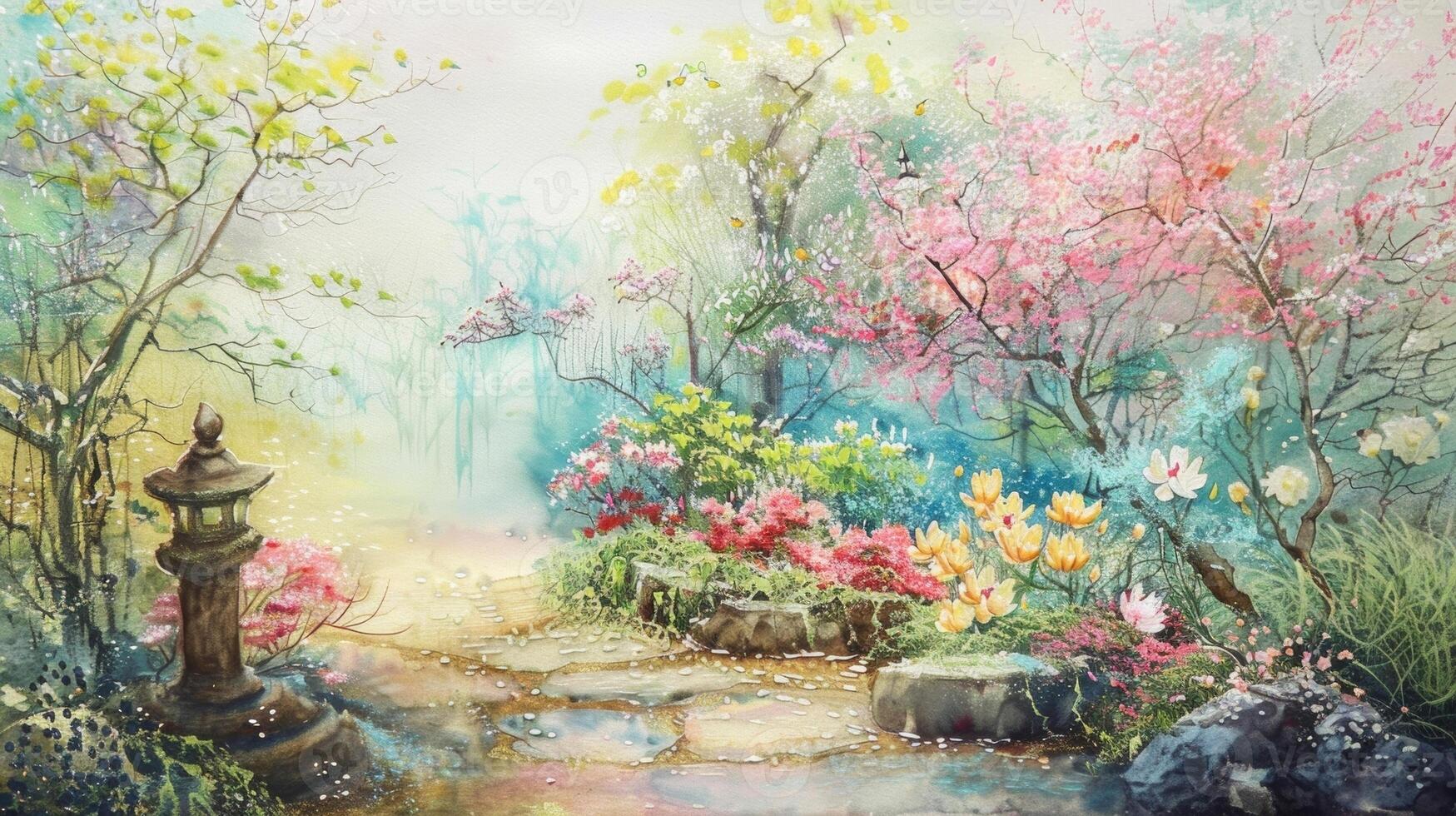 A painting depicting a serene garden scene with delicate flowers created by an elderly person using watercolors photo