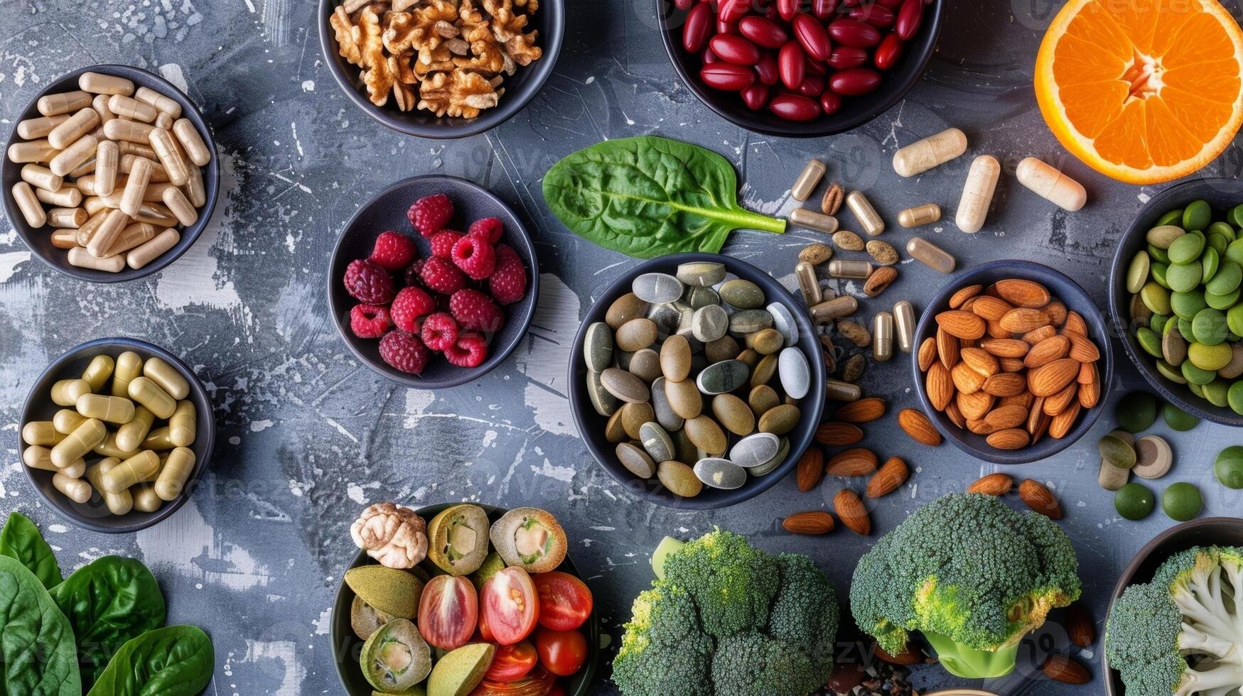 An overhead view of a variety of supplements and vitamins for brain health highlighting the importance of maintaining a balanced and nourished brain photo