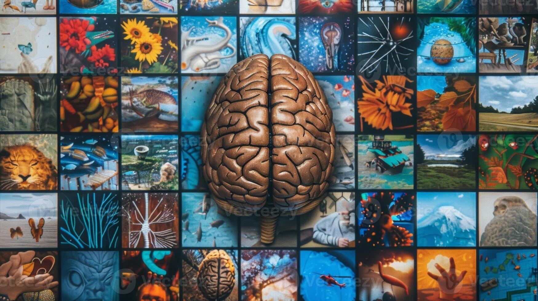 A poster with a brain surrounded by a colorful mosaic of images representing different hobbies and activities that can improve brain health photo