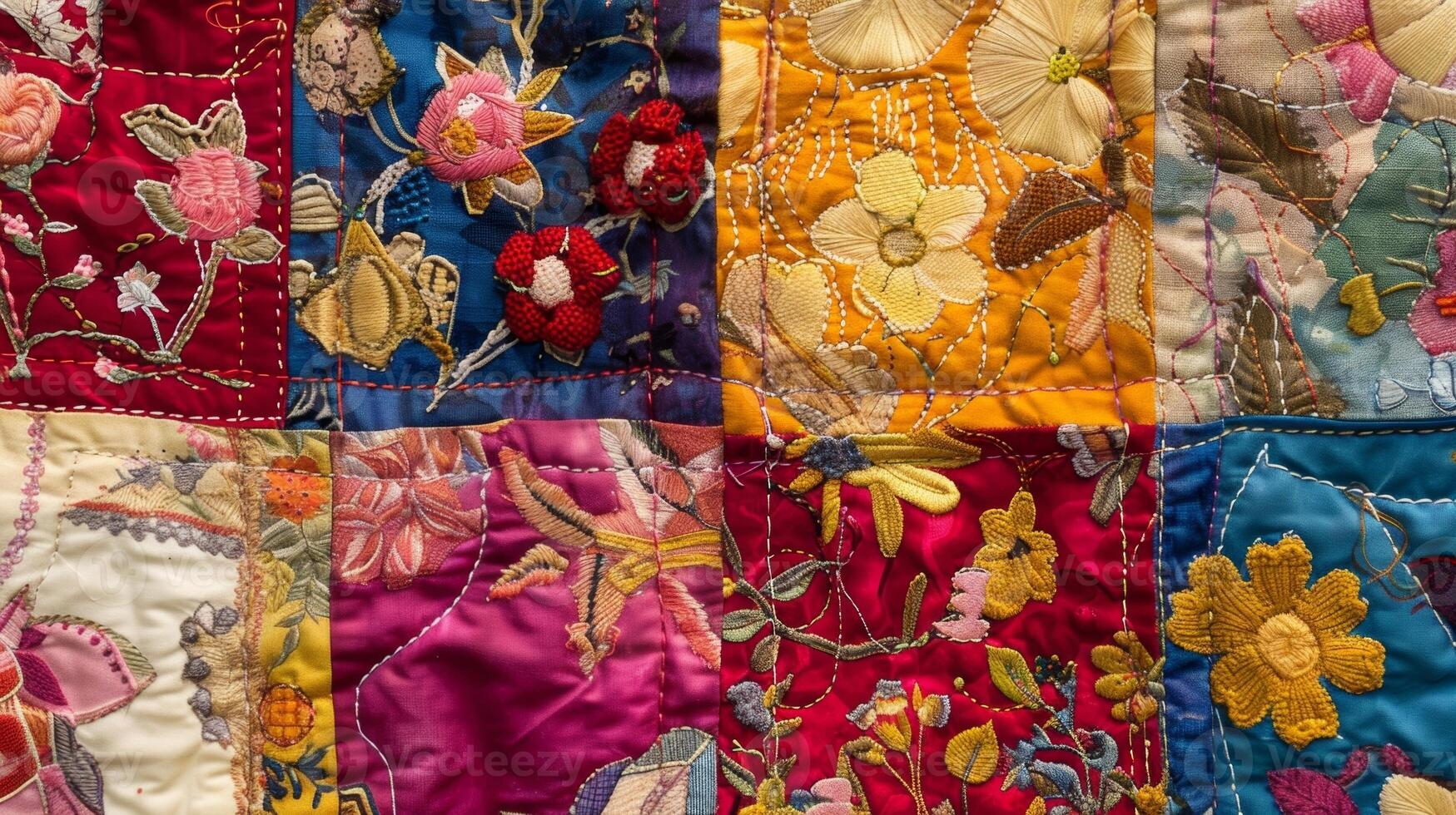 A quilt adorned with patches of fabric from old hobbies or interests acting as a time capsule of personal growth and change photo