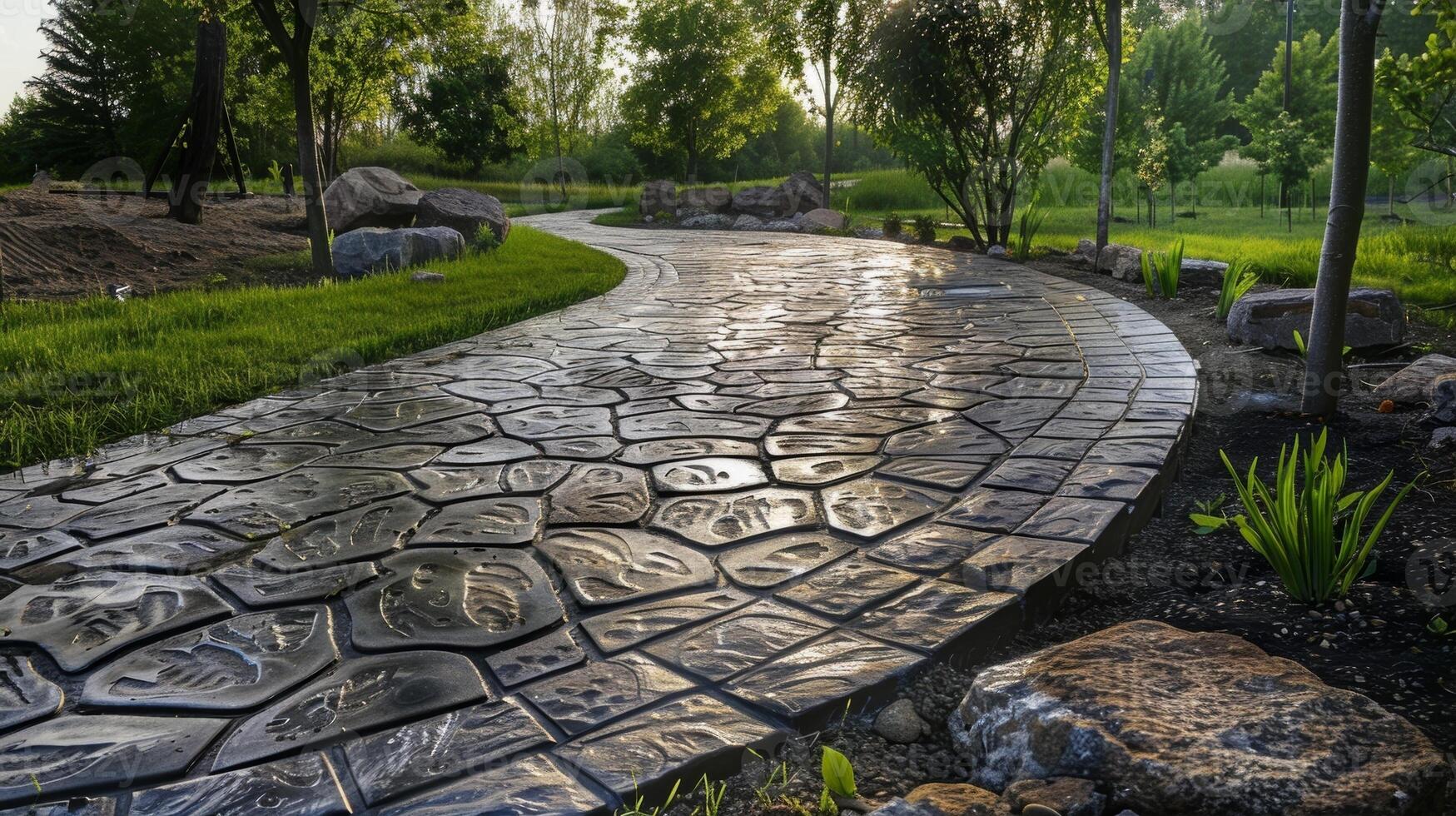 The final result of the concrete stamping process a beautiful and functional sidewalk that adds a touch of artistry to the surrounding environment photo