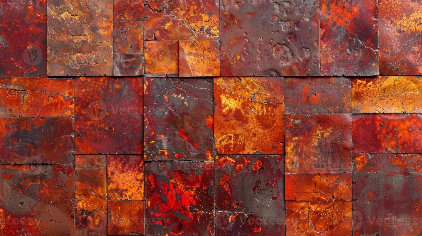 The rust on this metal has formed in s creating a patchwork of deep red and orange tones while the surface itself is smooth to the touch photo