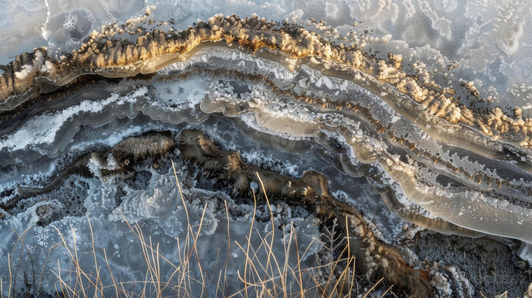A closer look at a thaw pond reveals intricate patterns in the layers of ice evidence of the complex process of permafrost thawing photo