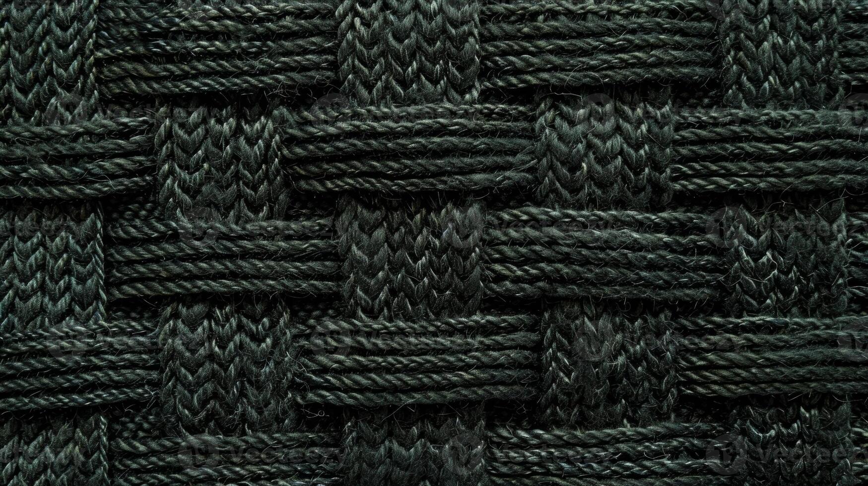 A dark forest green wool with an intricate woven texture resembles a geometric maze of crisscrossing lines and raised loops photo
