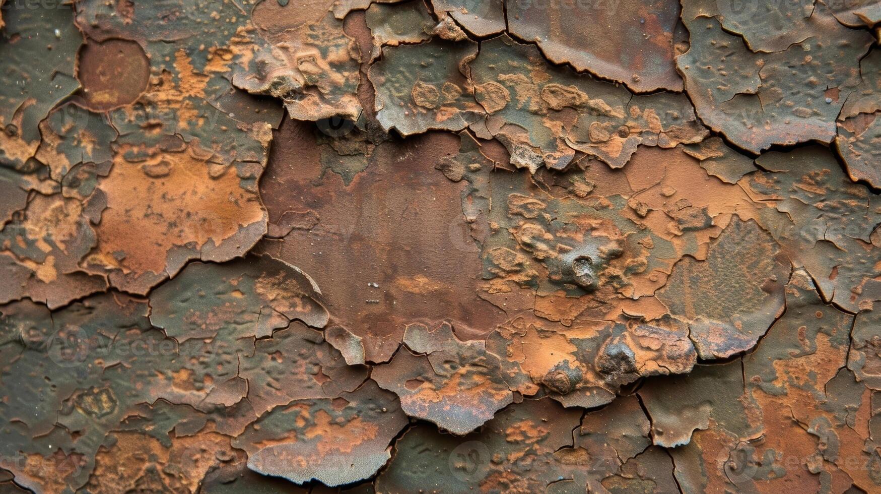 The top layer of copper is beginning to peel and flake away revealing a rough underlayer textured with deep grooves and fading colors photo