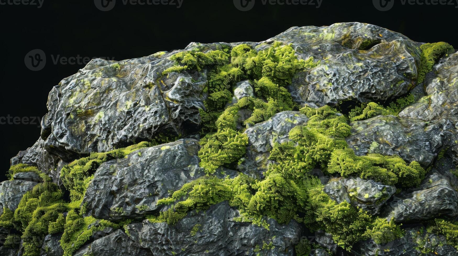 A shadowy closeup of a mosscovered boulder with layers of fuzzy emerald green growth adding depth and dimension to its co rocky exterior photo