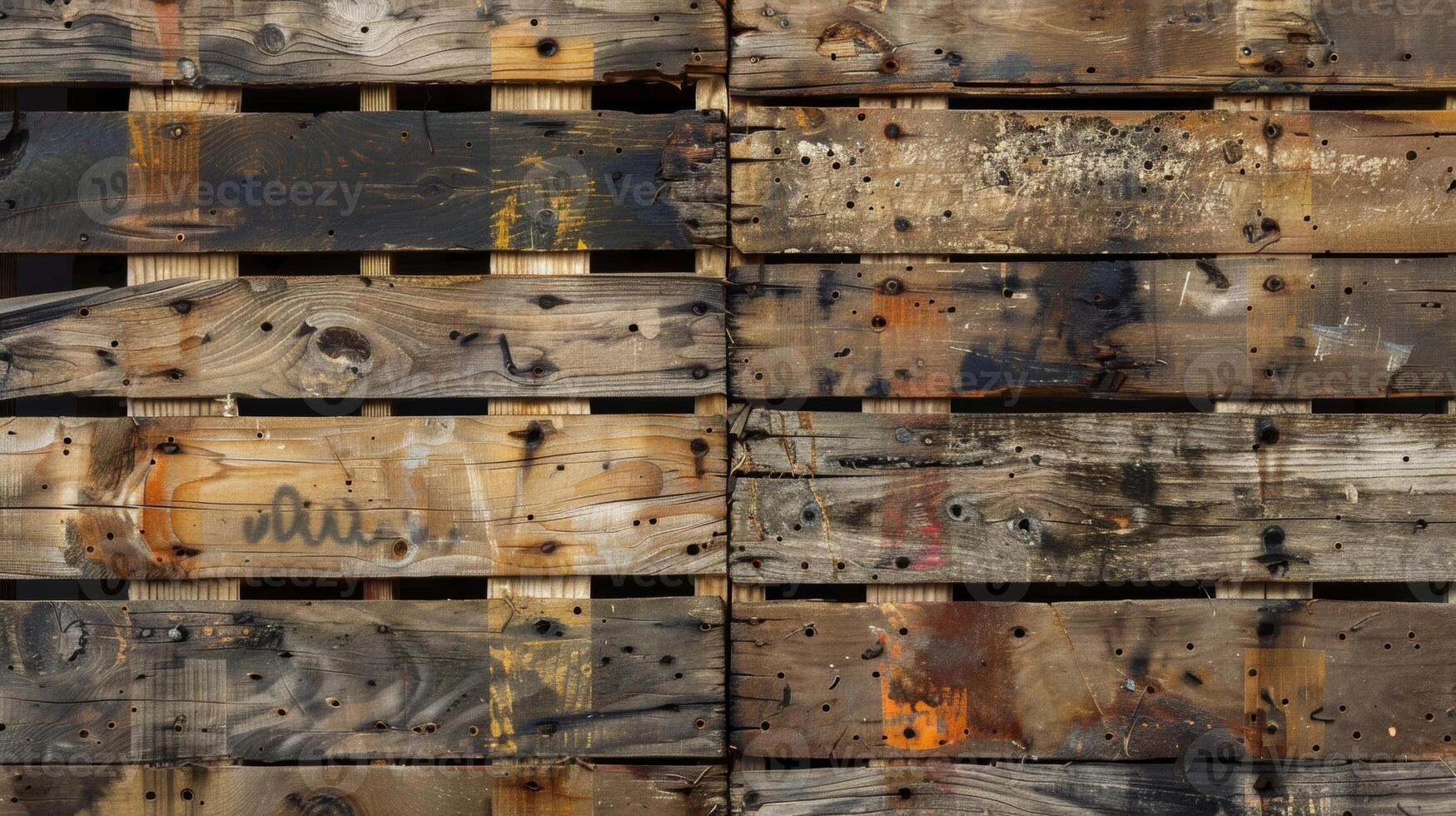 Aged and distressed the splintered boards of the pallet reveal a rugged and worn surface photo