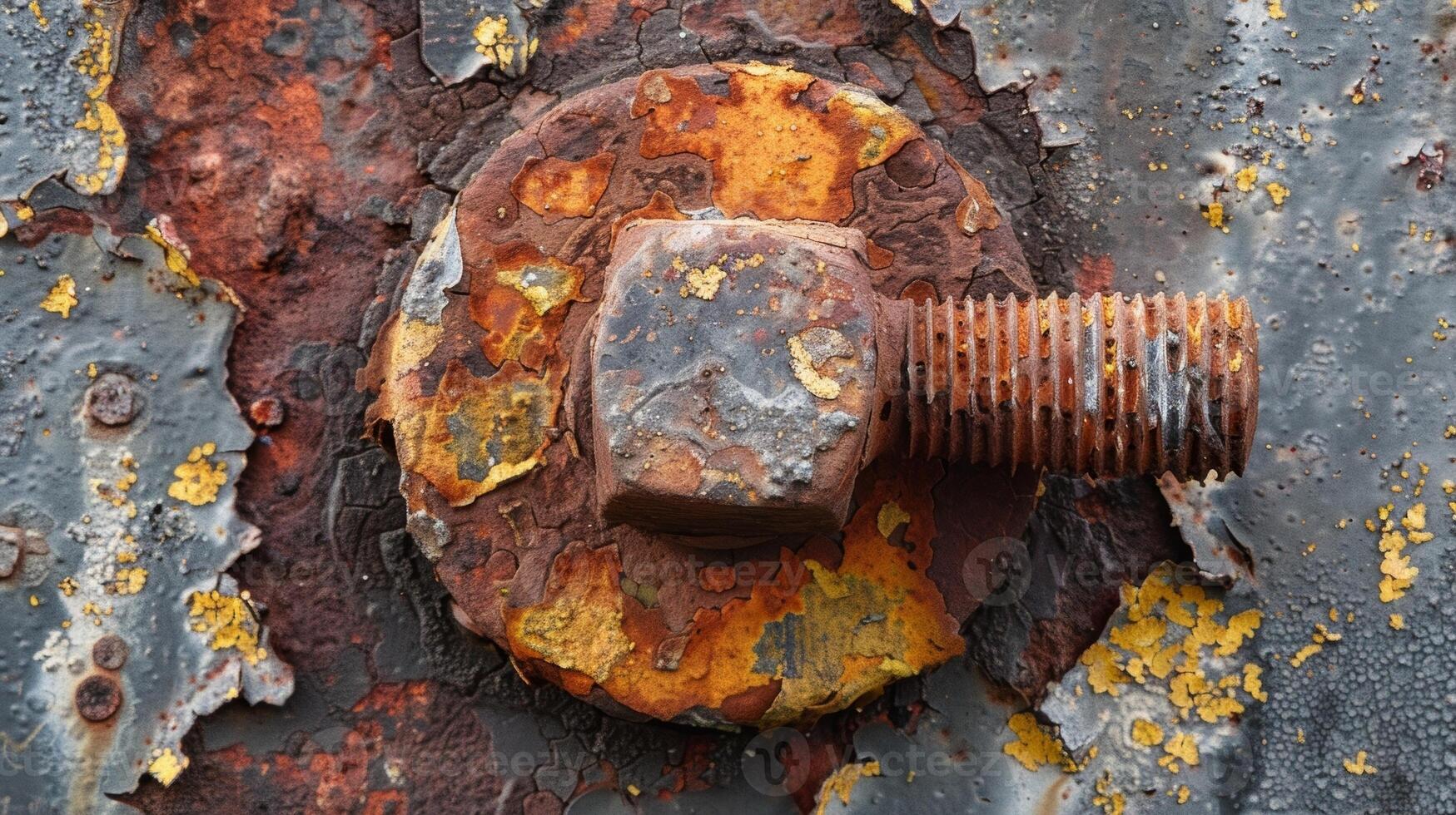 A closeup of a round rusted bolt with small patches of peeling paint revealing the rough and uneven texture of the exposed metal photo