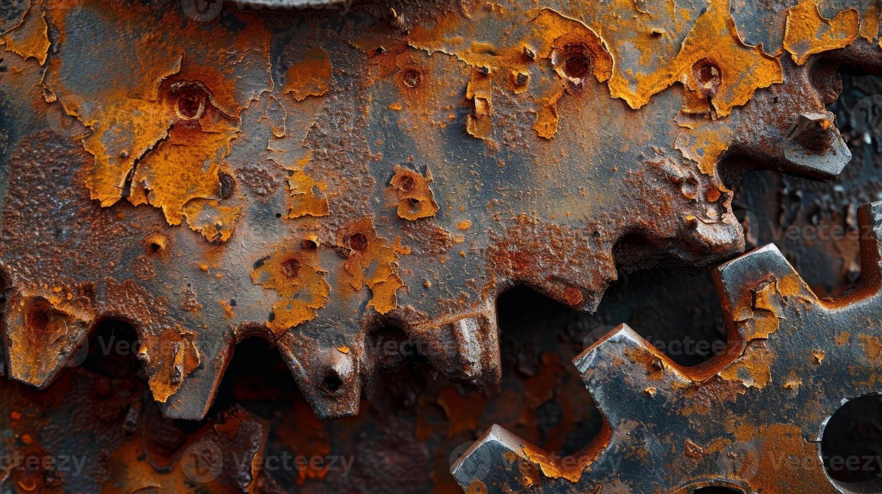 A detailed shot of a rusty sprocket with a mix of rough peeling orange rust and smooth polished areas creating a contrast in texture photo
