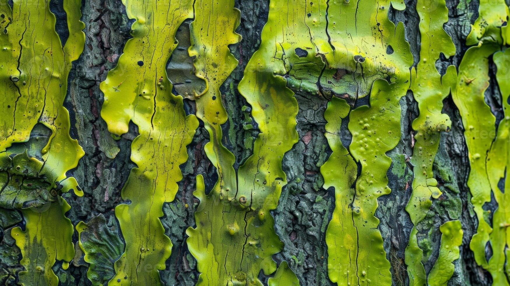 Detailed shot of slick algae growing on the bark of a tree as if the bark has been coated in a layer of green slimy paint photo