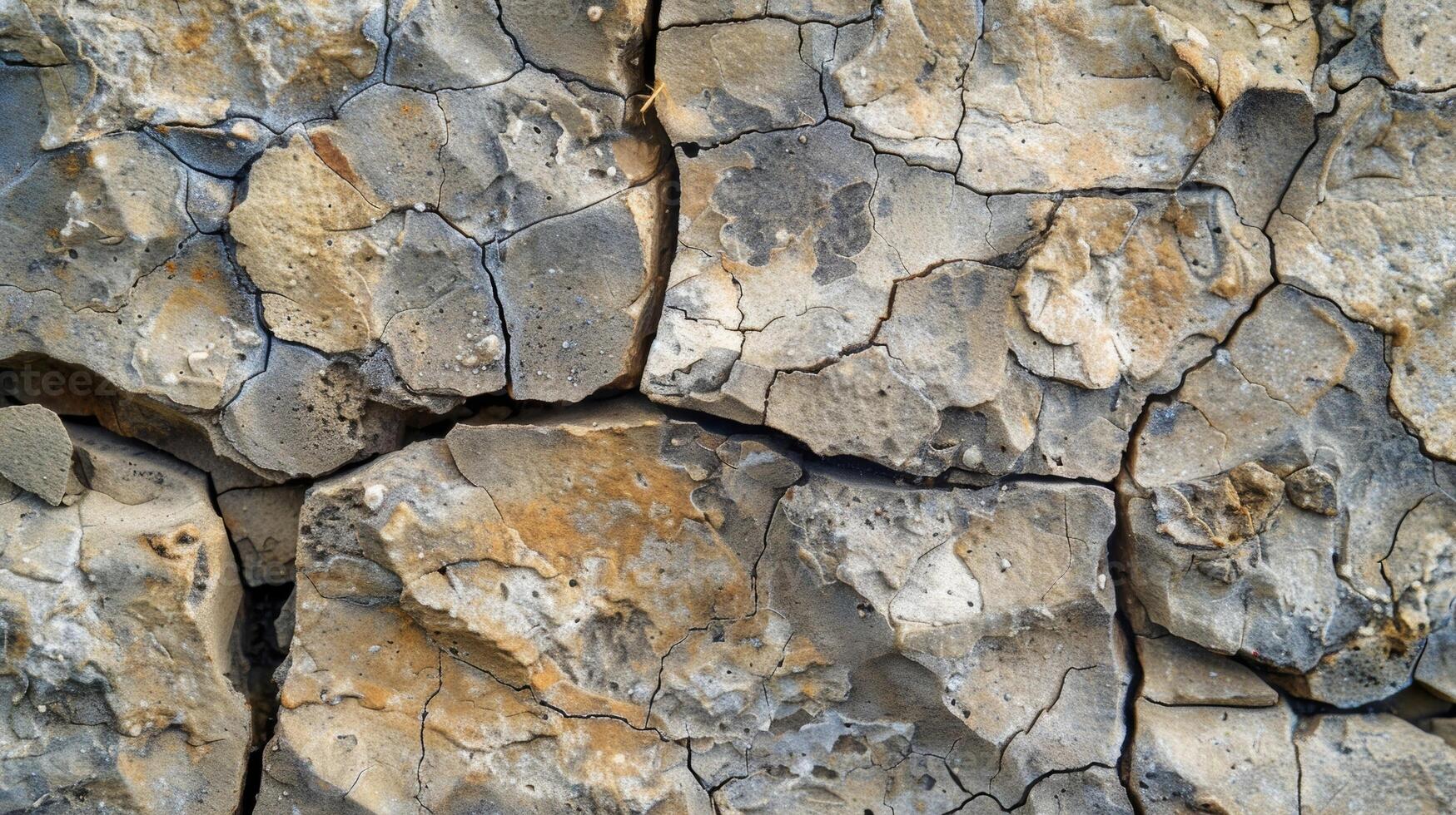 Cracked and weathered surface with deep grooves and indentations showcasing the natural imperfections of the chipped stone photo