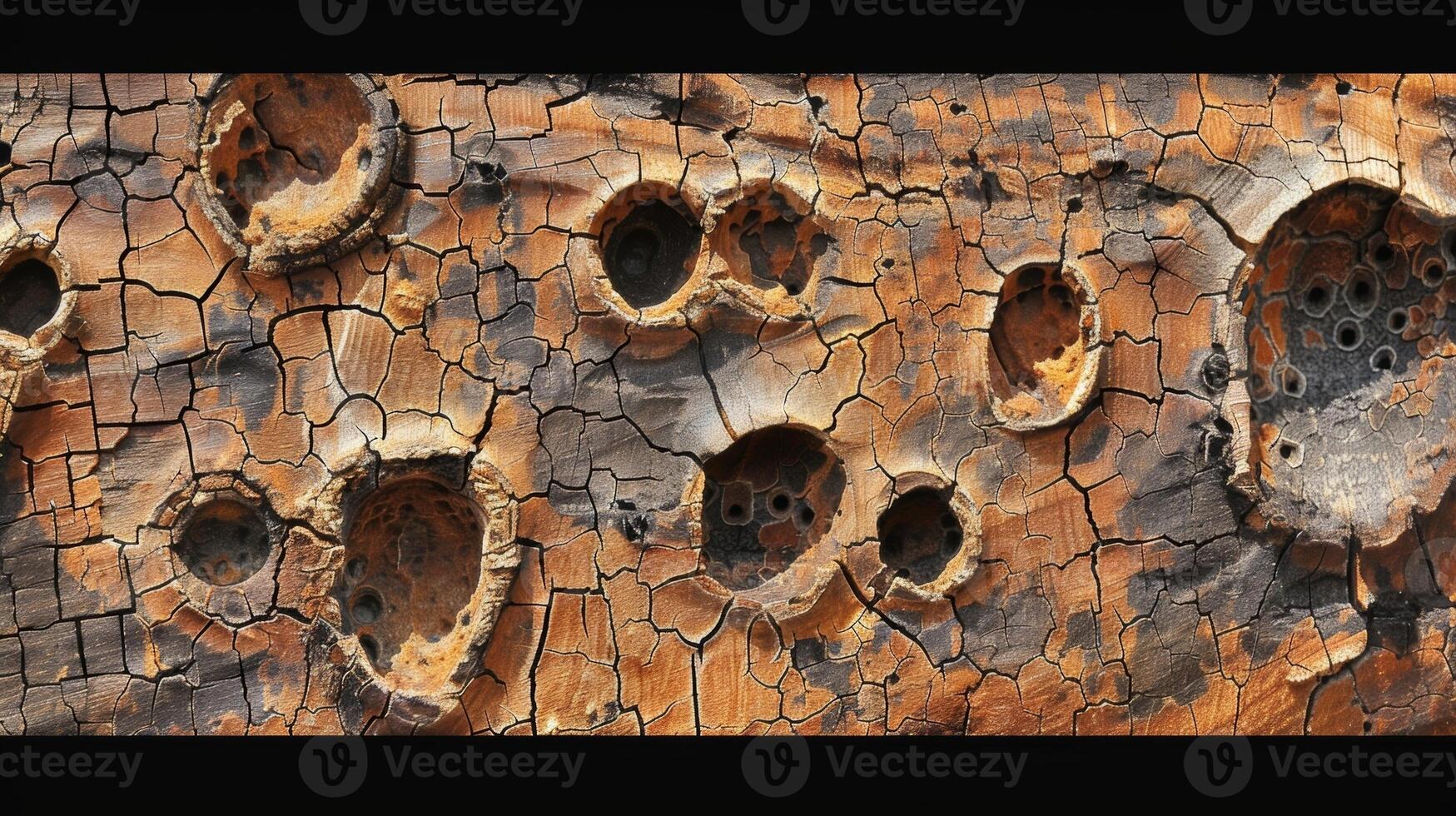 A network of knot holes creating a patchwork of holes and ridges that add character and depth to the cracked wood photo