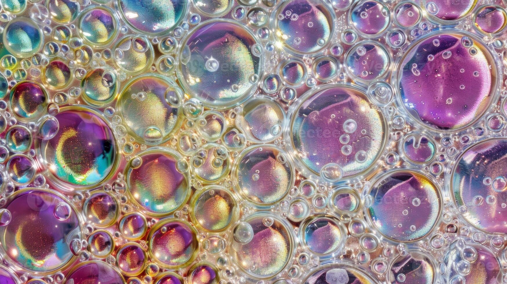 An abstract pattern of small circular bubbles with a fine layer of iridescent foam on top creating a vibrant and dynamic texture photo