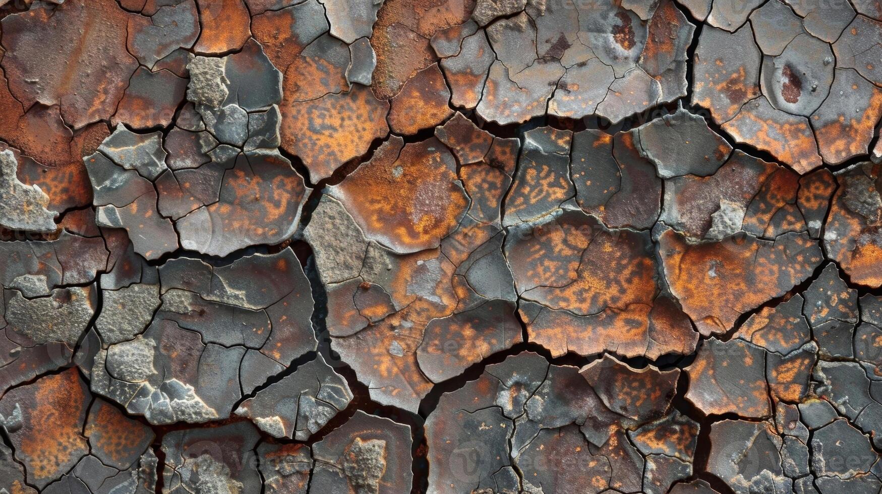 An intricate network of cracks and crevices give this heattreated steel a textured aged appearance like a rugged desert landscape photo