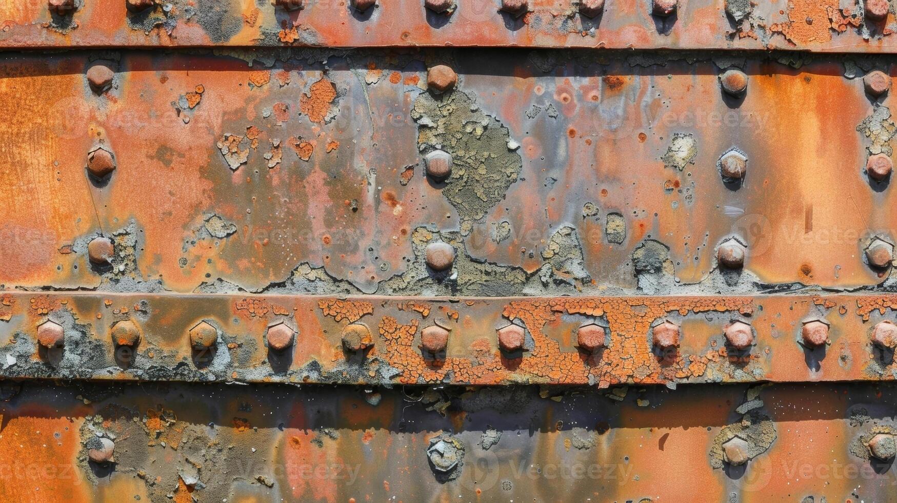 A detail shot of weathered steel plates with rivets seemingly holding on for dear life creating a rugged and wornin texture that tells a story of its own photo