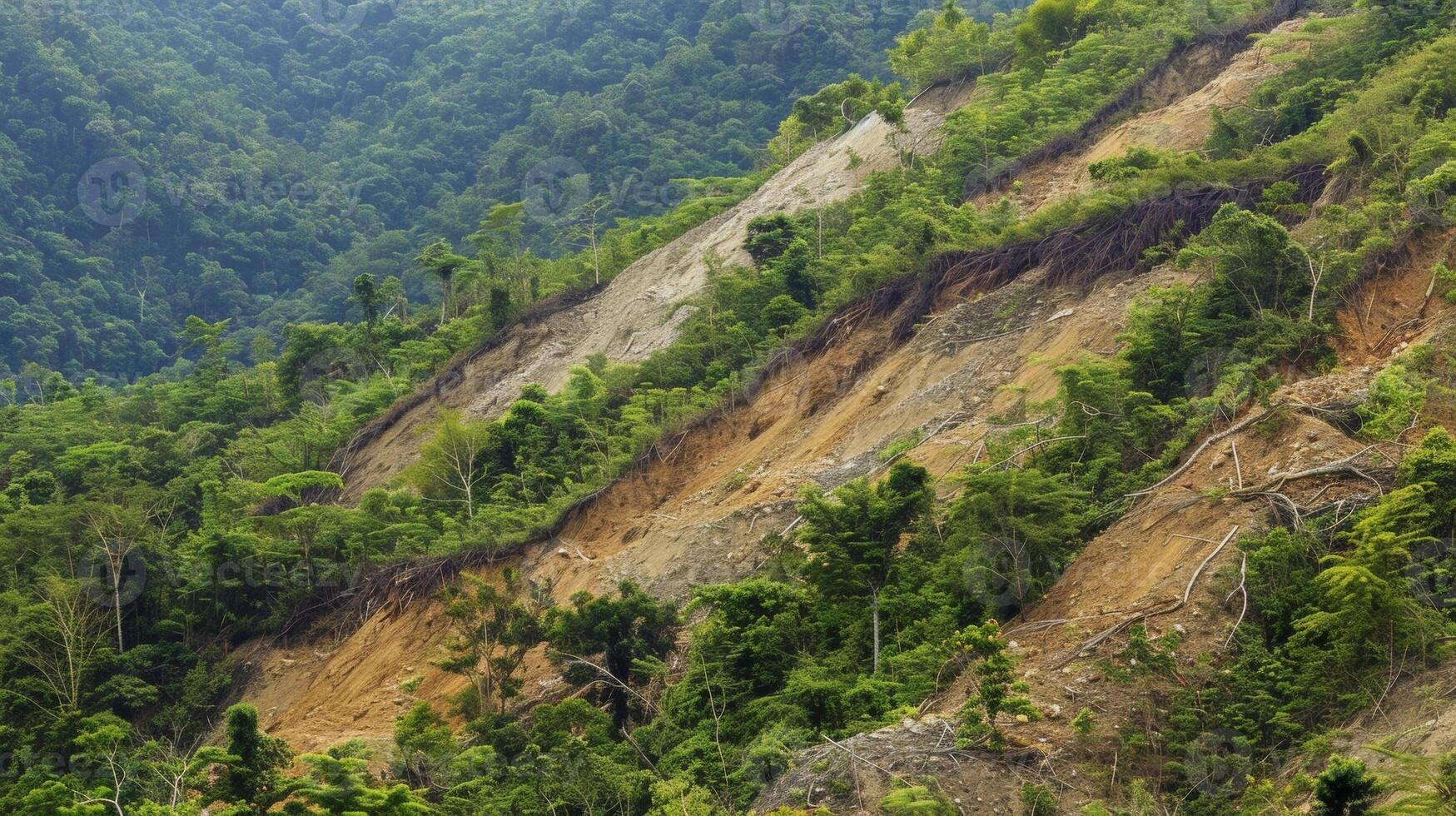 A forested mountain slope with patches of earth where landslides have occurred and left behind a trail of devastation photo