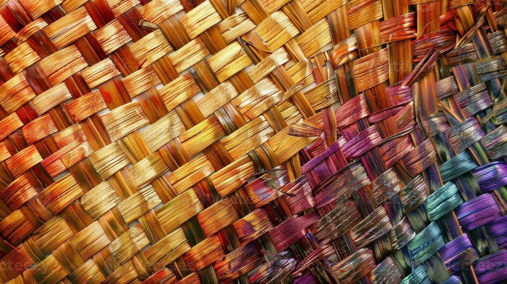 The surface of the straw mat is a symphony of varying shades and tones created by the light playing on the woven fibers photo