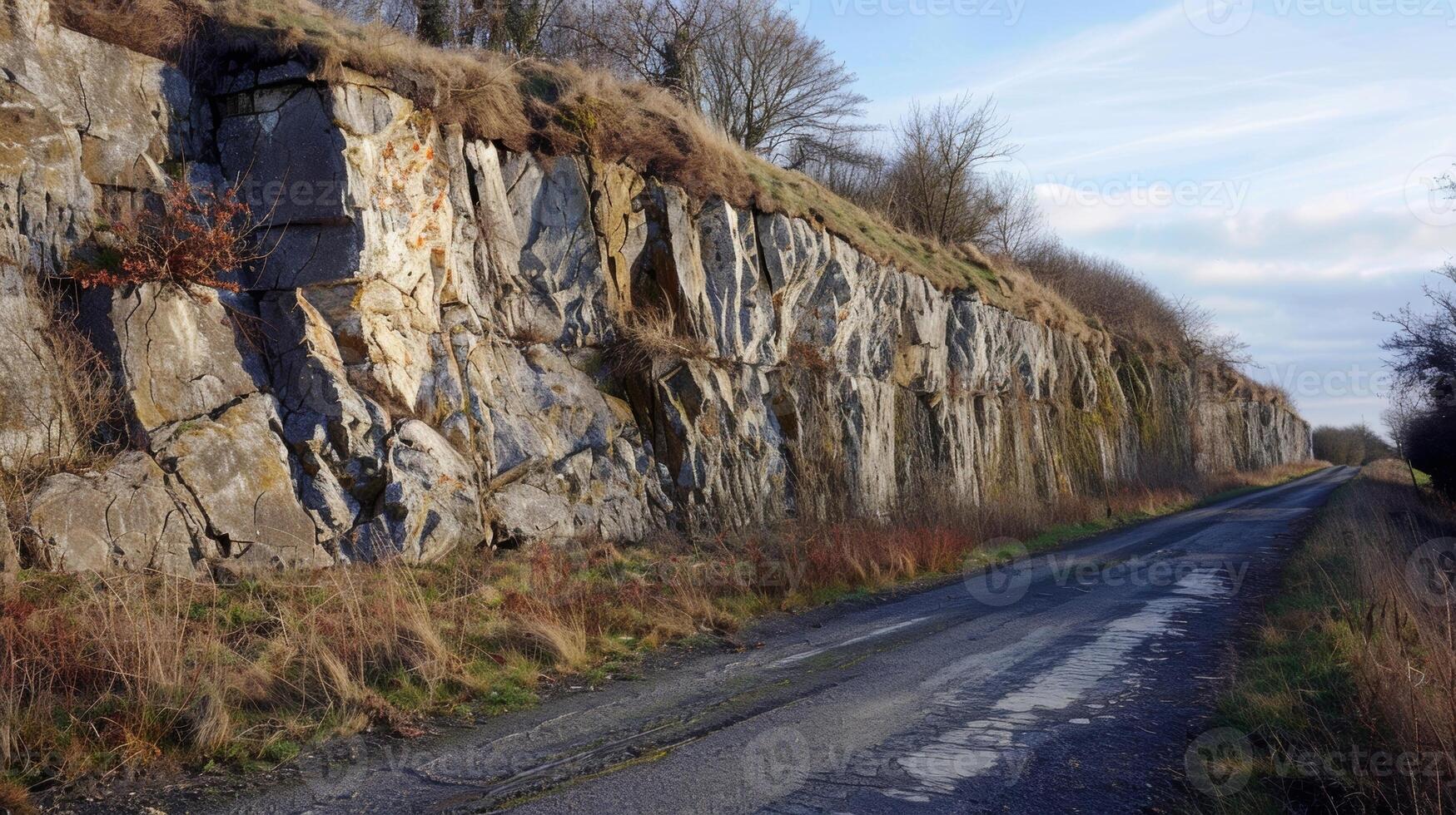 A roadside cliff face its surface pockmarked with rough irregular scars from frost wedging photo