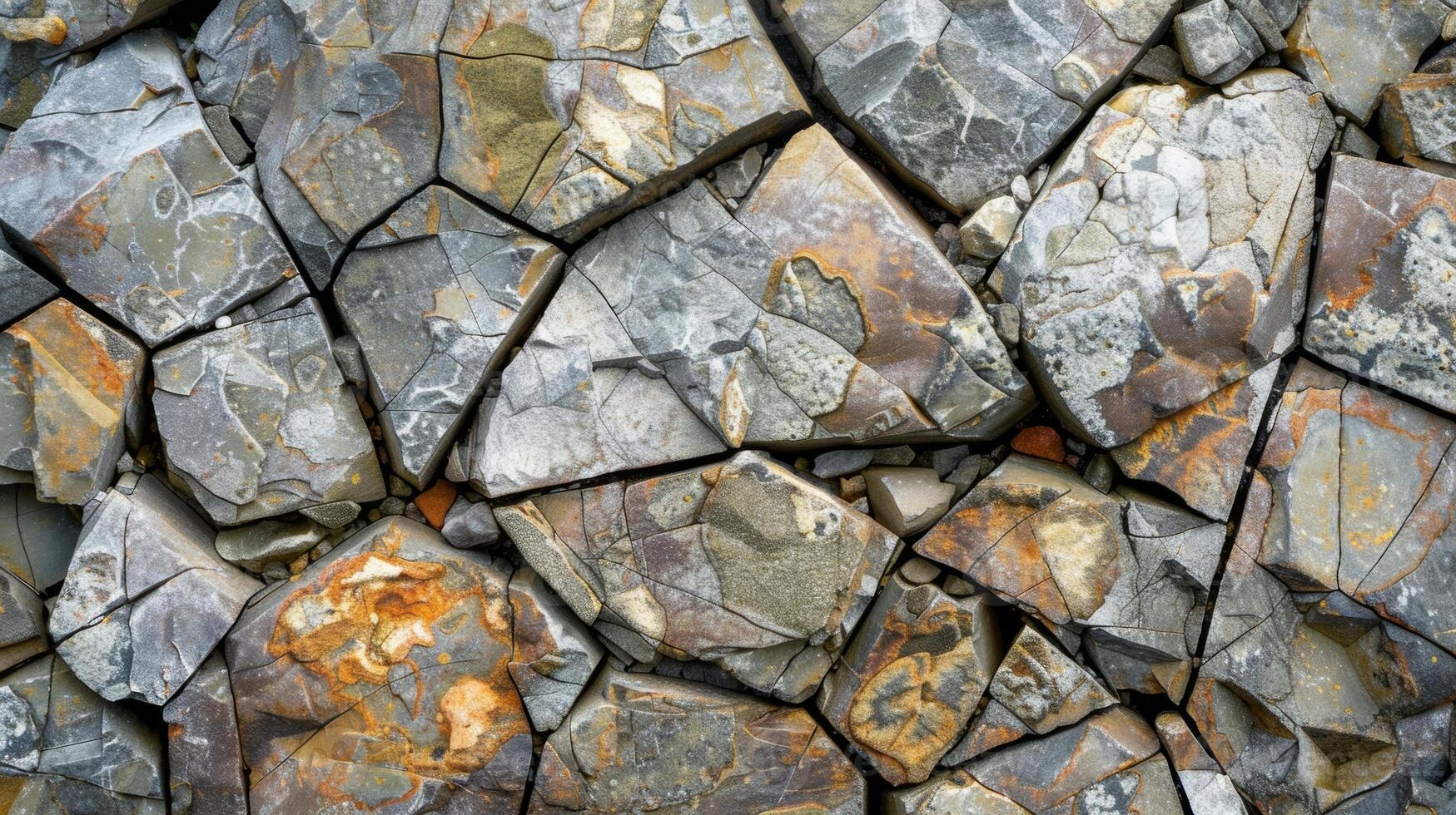 A closeup of a small piece of chipped stone revealing a mosaic pattern of sharp and irregular fragments tightly knit together photo