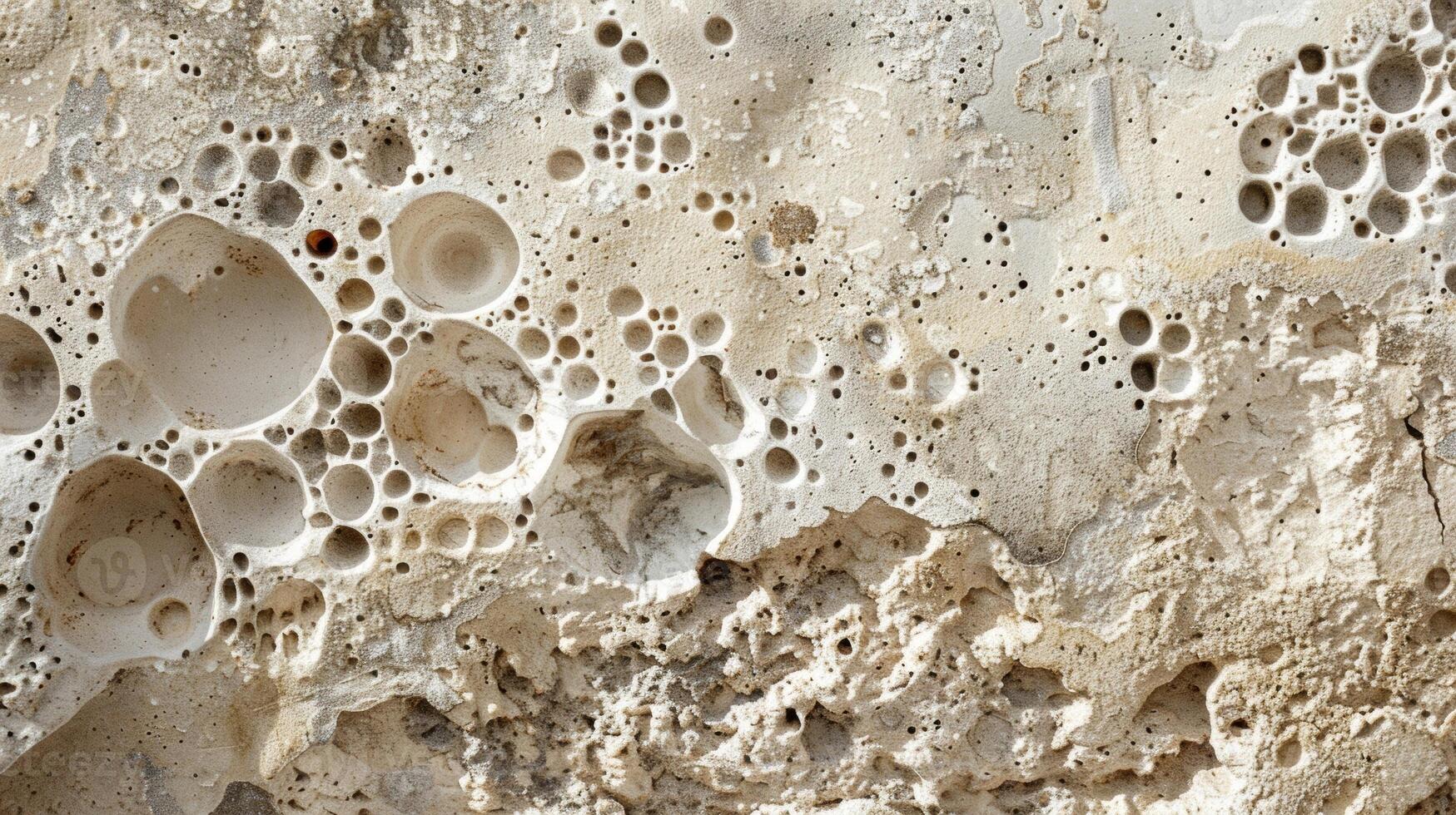 An intricate mix of tiny bubbles and fine pores on the surface of a spongy textured porous concrete wall photo