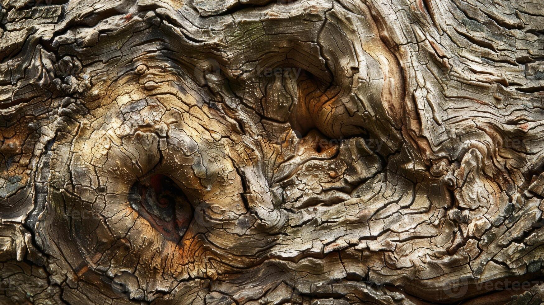 A closeup of a rugged tree knot with deep jagged grooves and small s of bumps dotting its surface photo