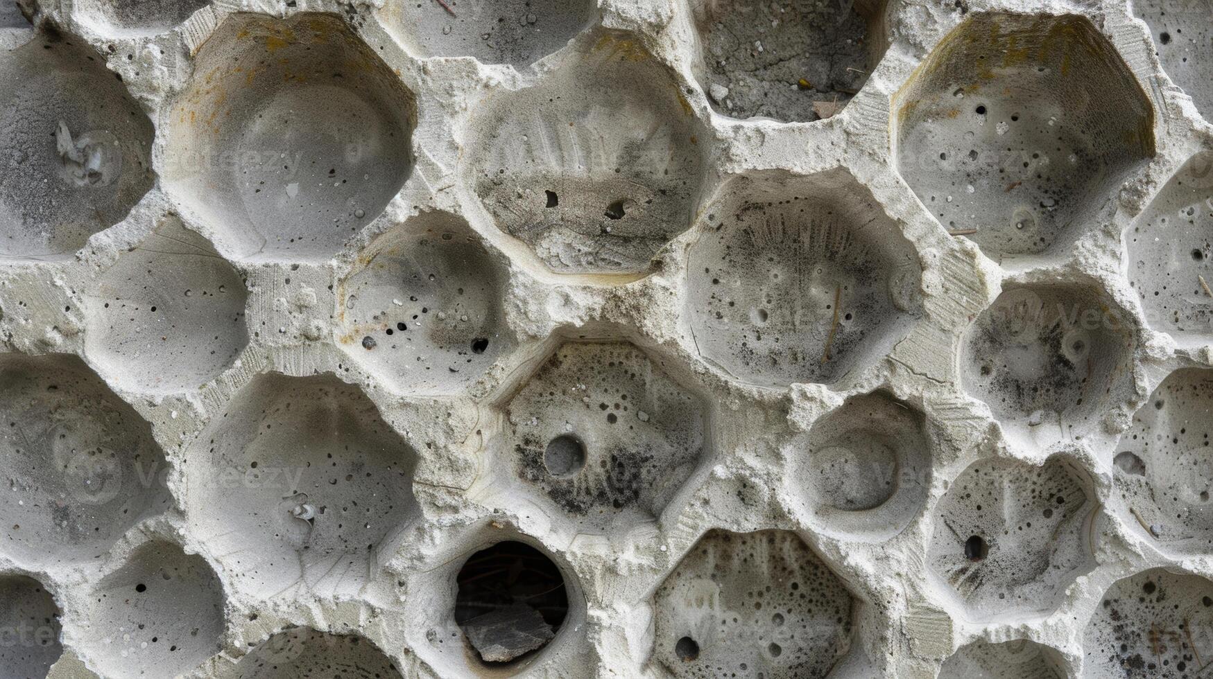 Upclose view of porous concrete showing multiple small holes and crevices resembling a honeycomb pattern photo