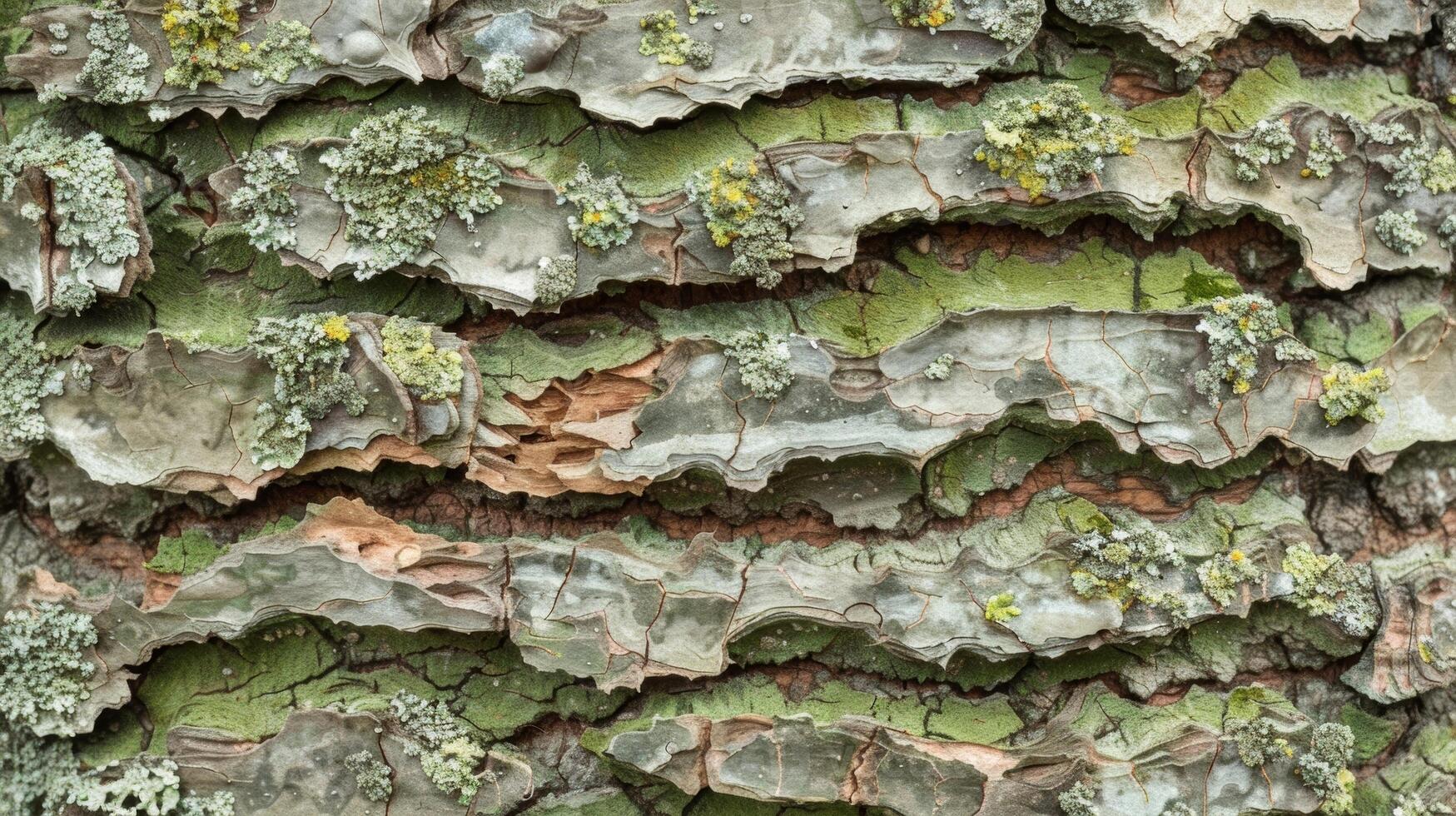 The textured layers of a trees bark are visible as a sea of light green lichen covers the prominent ridges and grooves photo