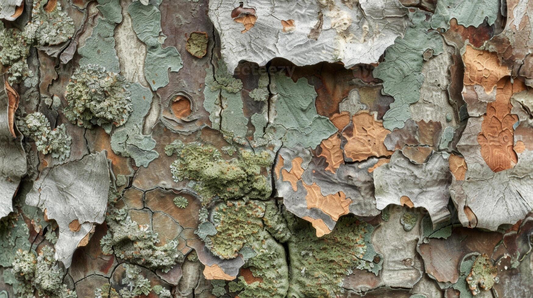 A detailed image of bark taken from the base of a tree displaying chunks of brown rough bark covered by a smooth layer of silvery green lichen photo