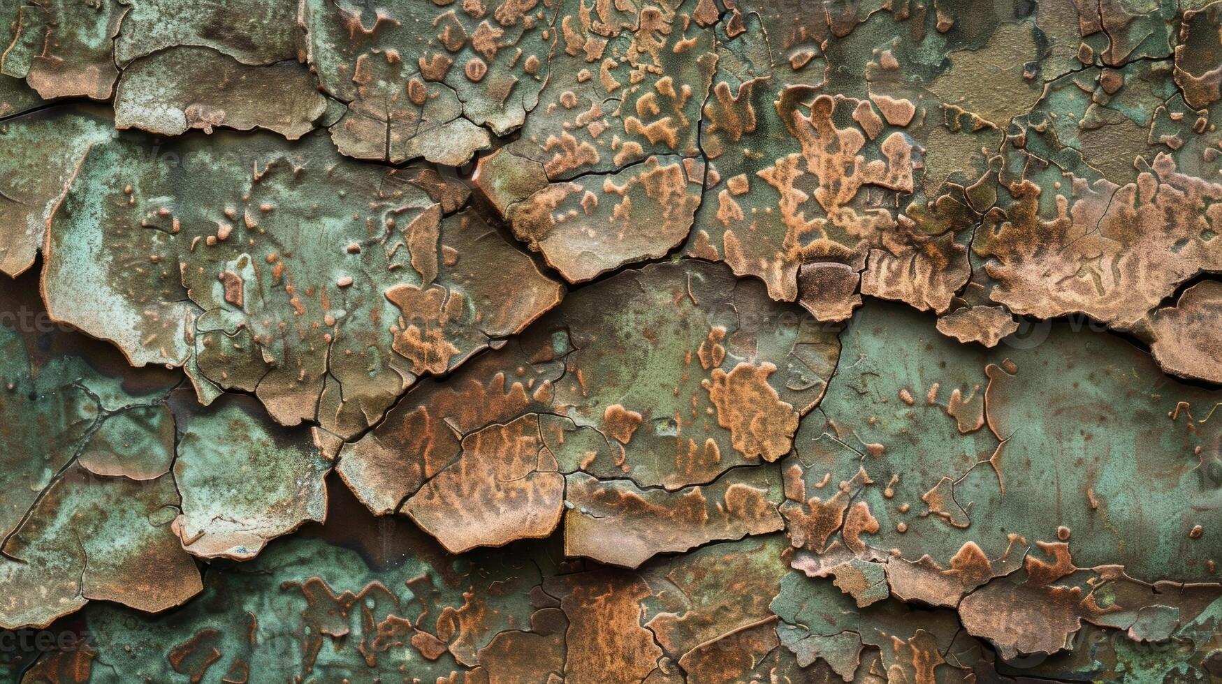 Up close the texture of weathered copper is almost reminiscent of tree bark with a rough organic pattern revealed through layers of wear and tear photo