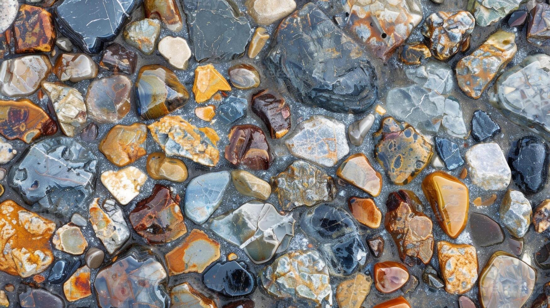 The varied and multicolored surface of a pebble with a unique mix of smooth shiny areas and rough weathered spots photo