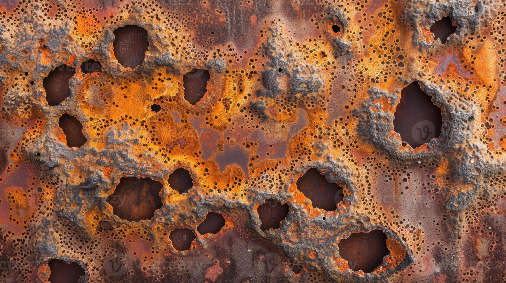 An extreme closeup of rusted metal revealing the intricate and messy pattern of rusted holes and crevices that cover the surface. The different shades of brown and orange blend togethe photo