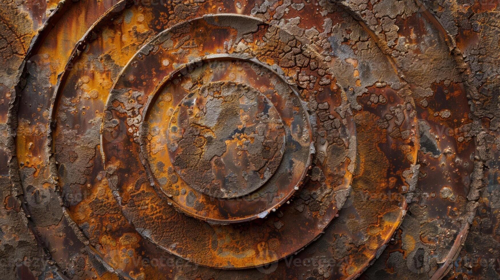 A closeup shot of a rusted metal surface with distinct circular patterns of rust and multiple layers of peeling paint. The texture is a combination of rough and smooth with a variet photo