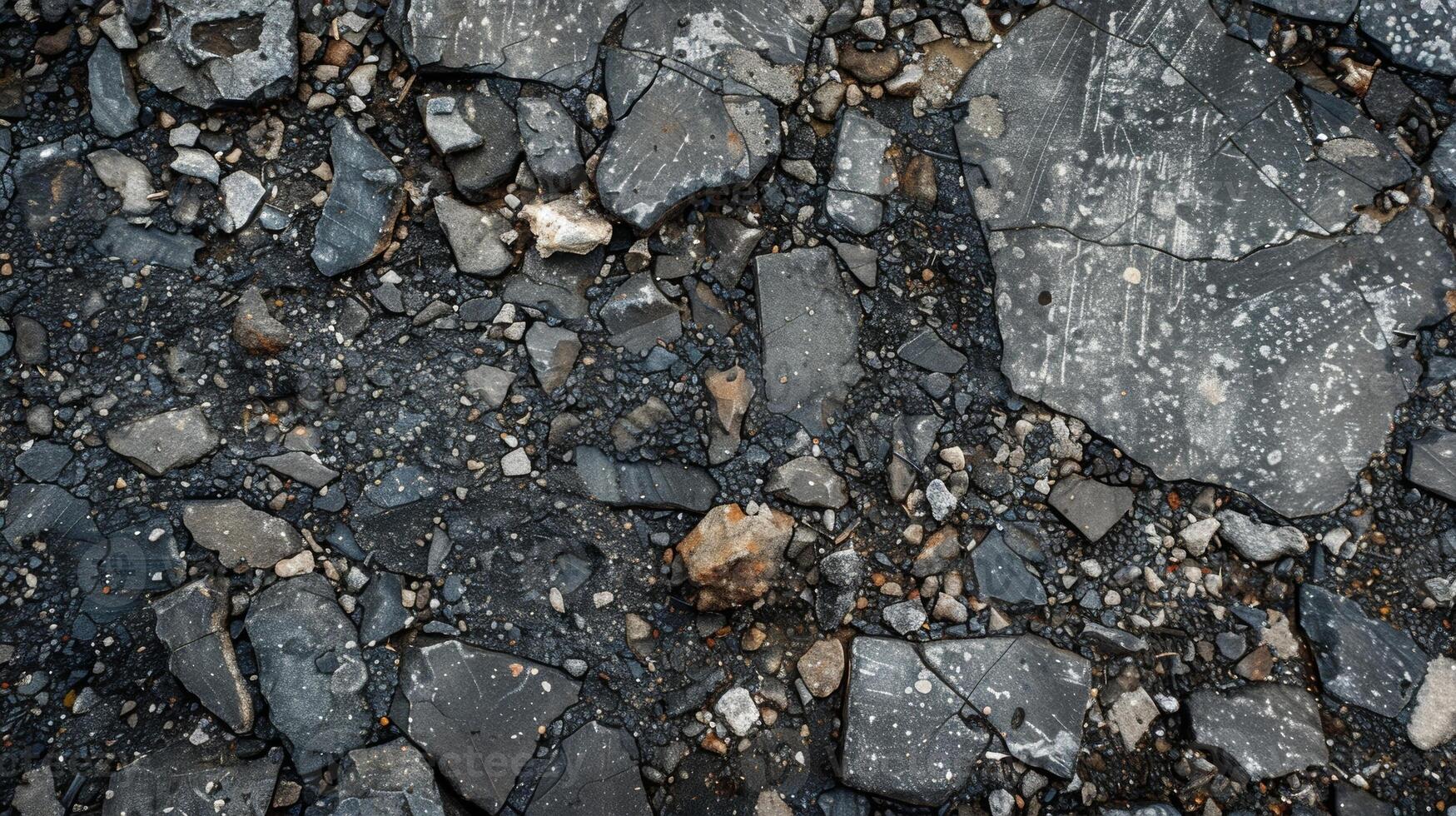 A mottled surface with small tered chunks of broken asphalt mixed in with the intact pieces photo