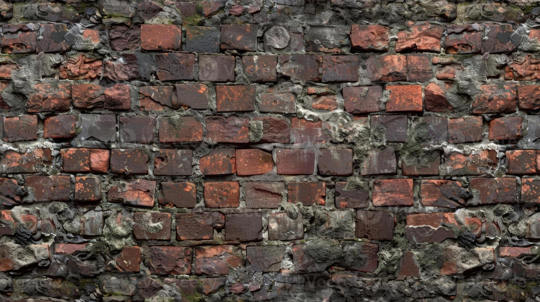 Layers of rough textured mortar show through the deep red bricks adding to the gritty aged appearance of this brick wall photo