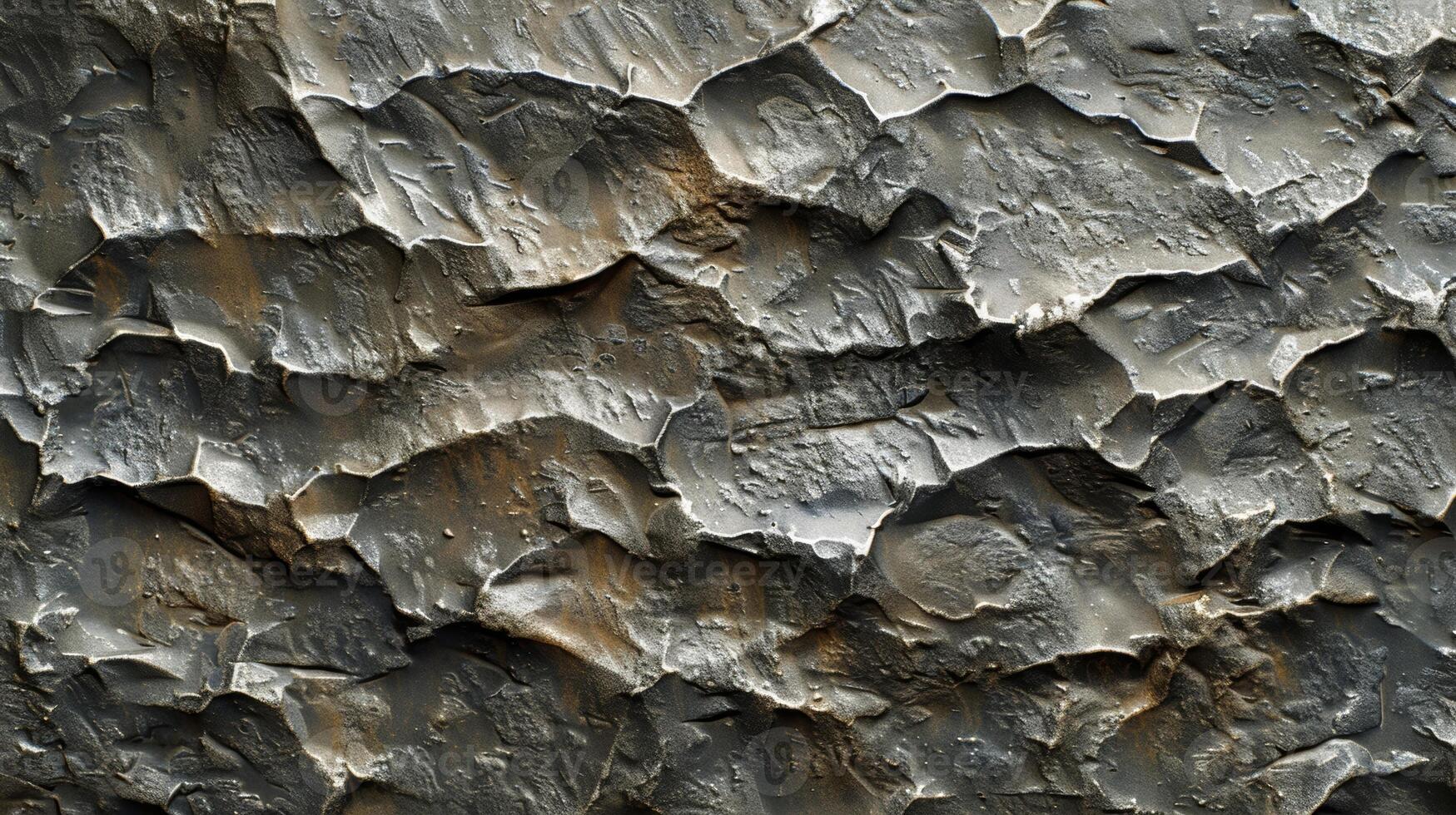 An uneven hammered texture with deep grooves and ridges hinting at a past life as a functional and utilitarian object before becoming tarnished and forgotten photo