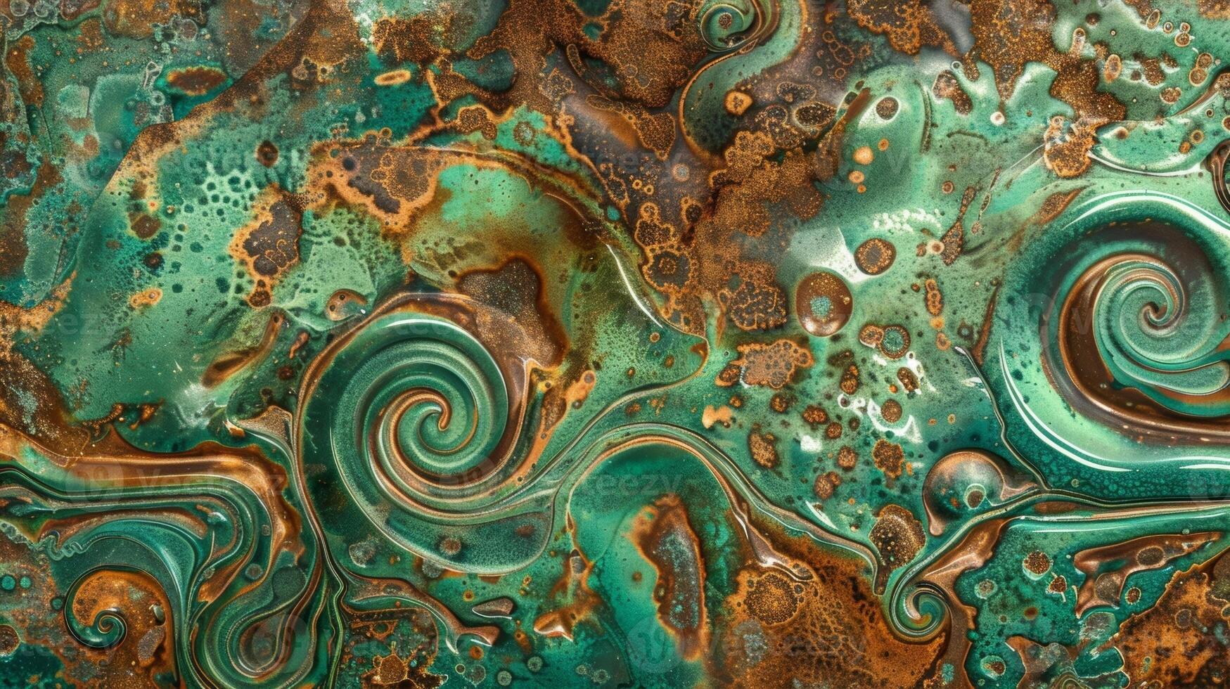 Whorls and swirls of various shades of green and brown intermingle creating a kaleidoscopelike pattern on the corroding copper photo