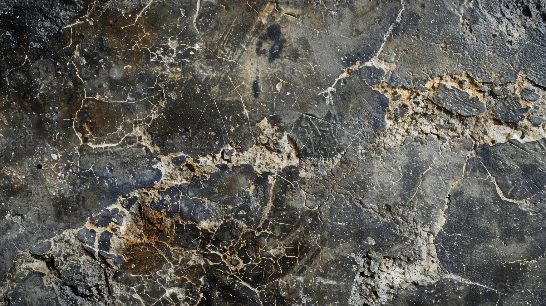 A textured view of oilstained concrete showcasing a rough uneven surface with a glossy sheen caused by a spill that has seeped into the tiny crevices photo