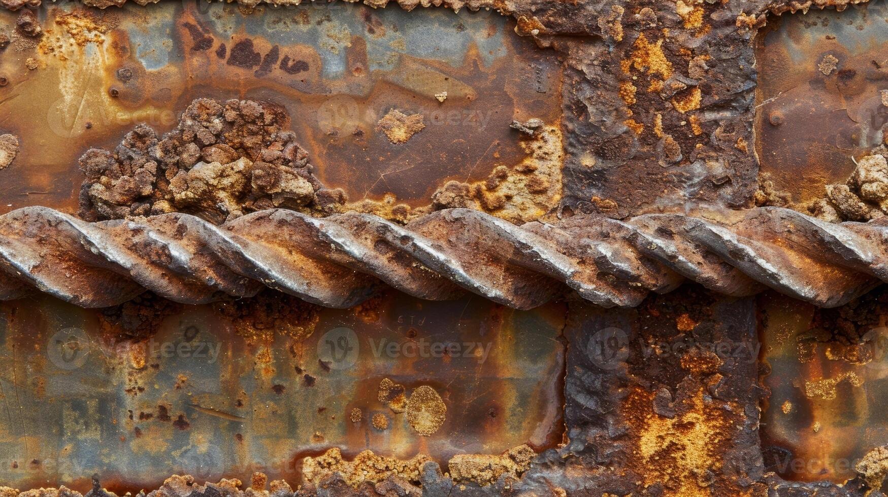 A rusted rebar with deep grooves and curving lines showing years of wear and tear photo