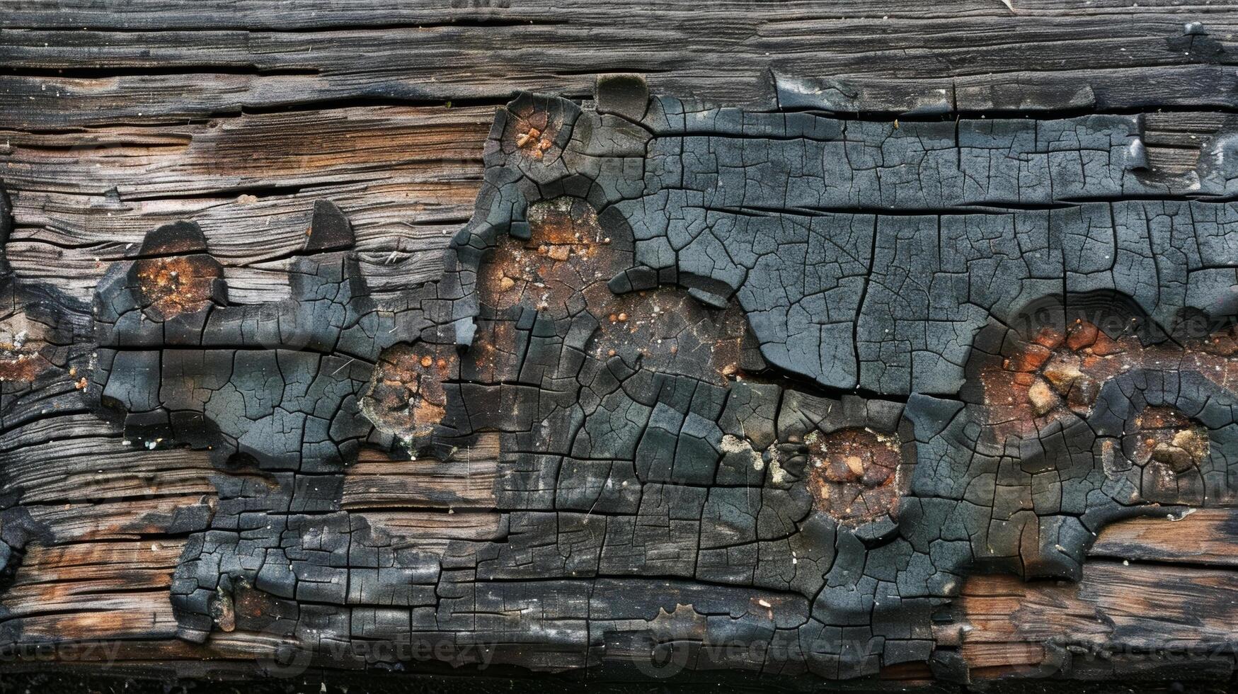 Detail of cracks and dirt embedded in a decaying wooden handrail photo