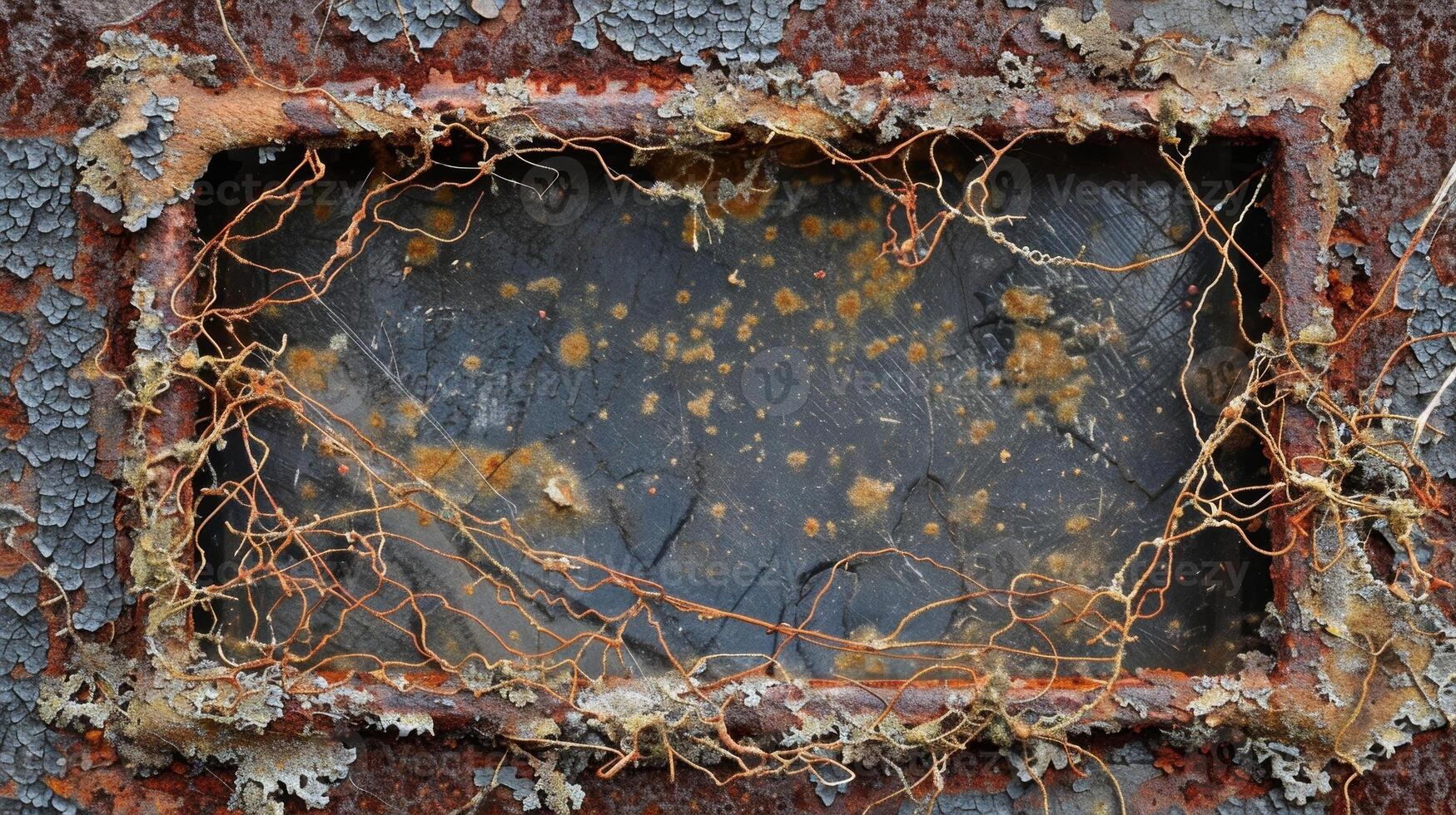 A weathered and rusted metal frame surrounded by frayed and fringed fiberglass strands showing signs of wear and tear over time photo