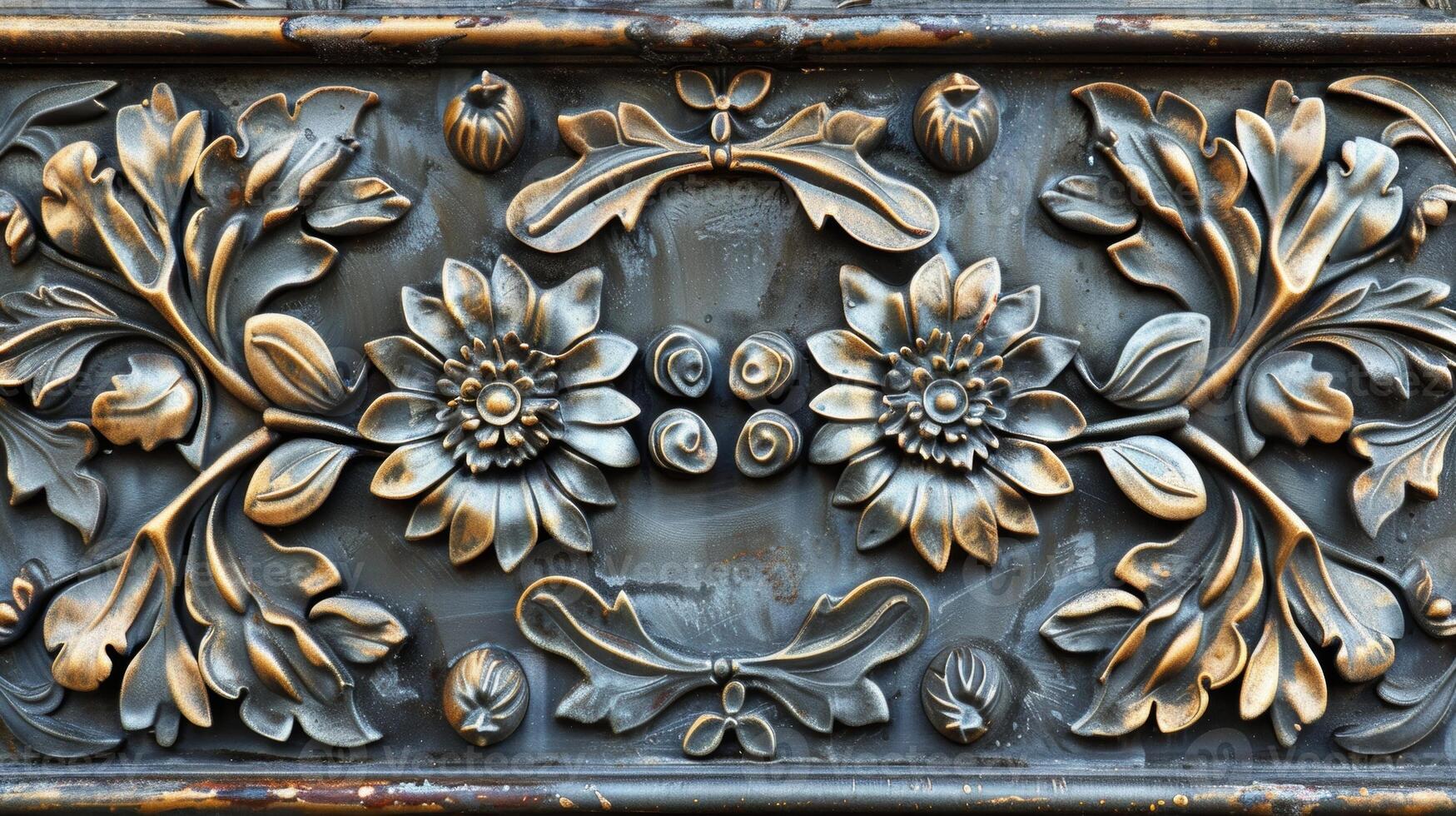 An ornate embossed metal panel with floral designs creating a beautiful contrast between delicate petals and strong metal photo