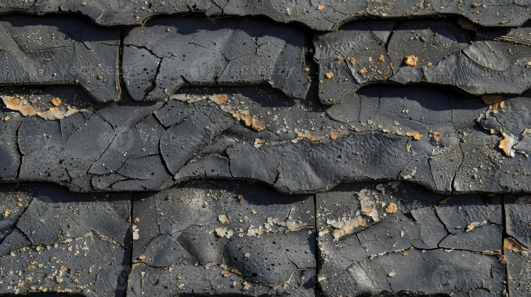 This closeup texture image showcases the raised edges and crevices of weathered asphalt shingles with layers of grit and dust embedded in them photo