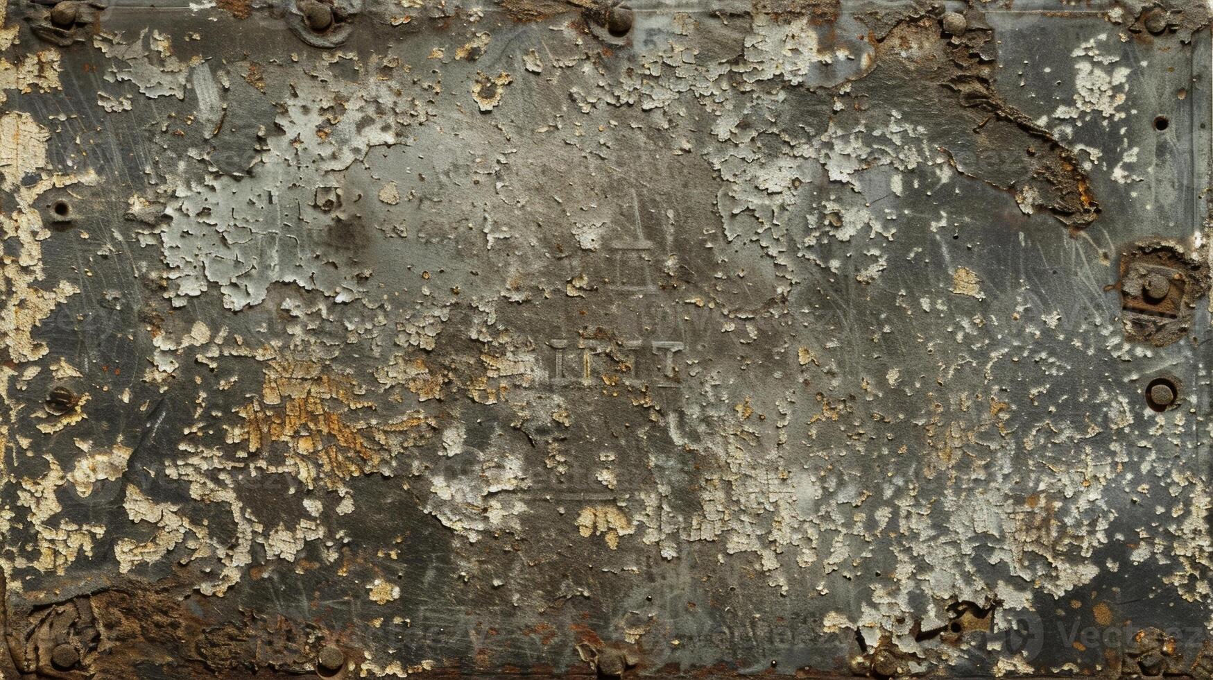 A weathered metal plate with a rough gritty texture and faded engravings photo