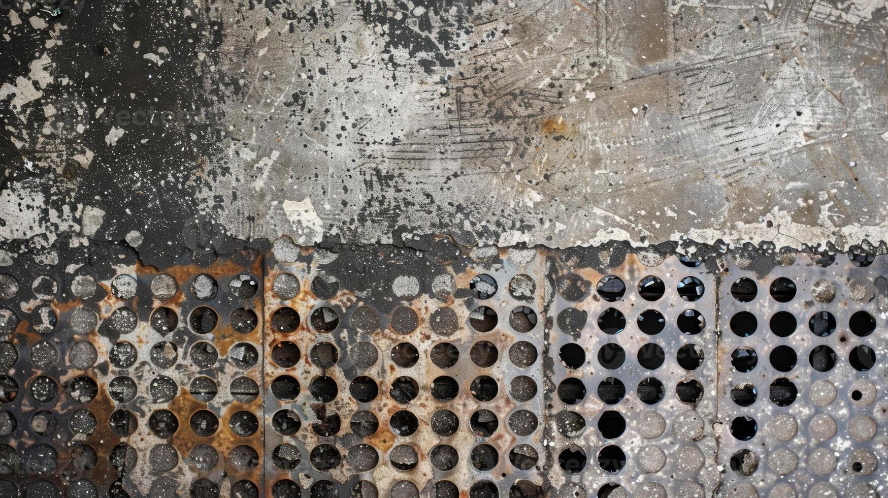 A gritty closeup of a concrete industrial floor revealing a repetitive stenciled pattern of gridded circles and rectangles each one partially faded and smudged with dirt and grime photo