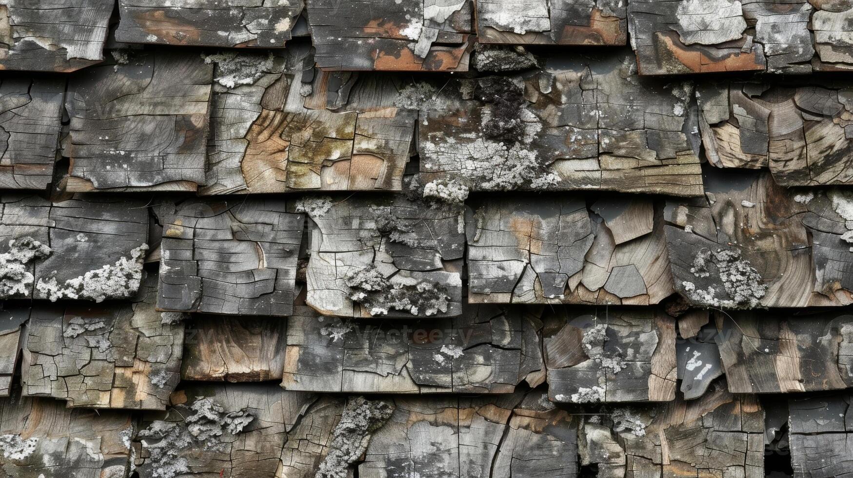 A closer look at weathered asphalt shingles reveals the intricate pattern of overlapping layers each one showing signs of wear and tear photo